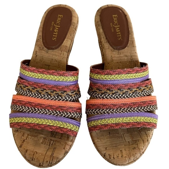 Eric Javitz Sandals Size 7 Cork Wedge Slip On Mulit-Colored Boho Shoes - Picture 3 of 9